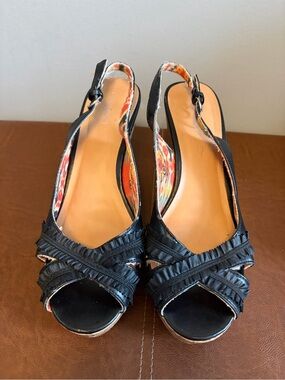 Studio Black Ruffled Slingback Peep-Toe Heels